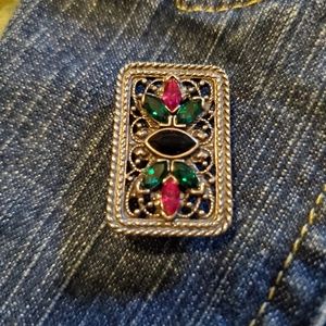 Vintage "Jeweled" Silver Tone Filigree Brooch